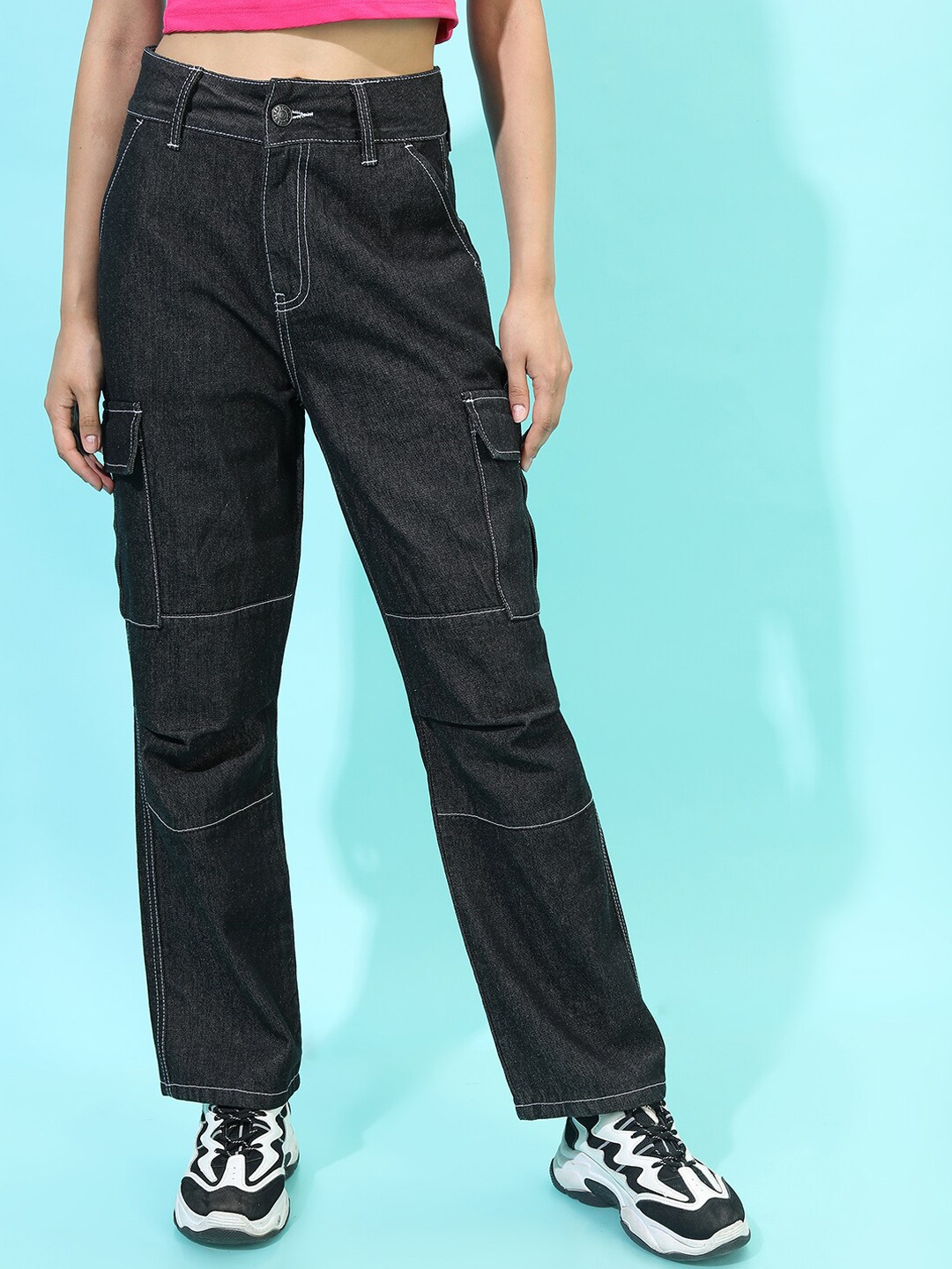 

Tokyo Talkies Women Straight Fit Cargo Jeans, Black