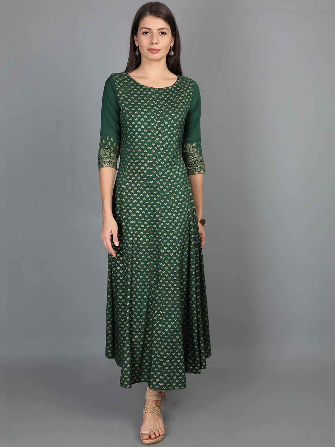 

Marcia Women Green & Gold-Toned Floral Printed Kurta