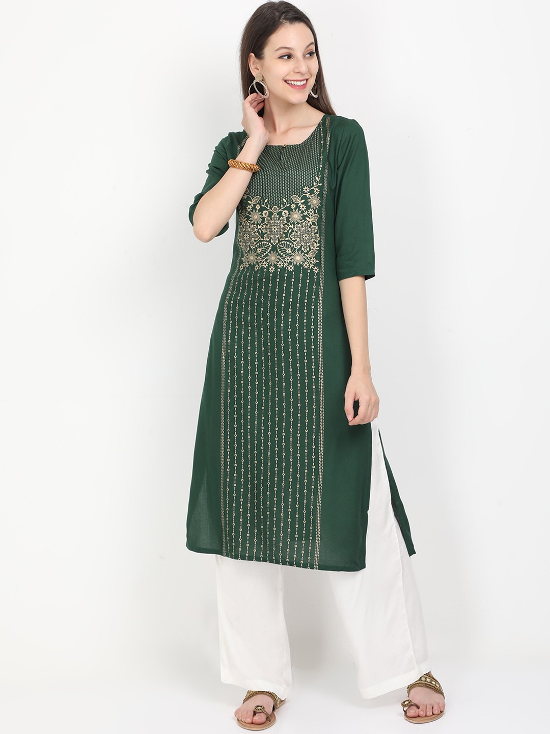 

Marcia Women Green & Gold-Toned Floral Thread Work Kurta