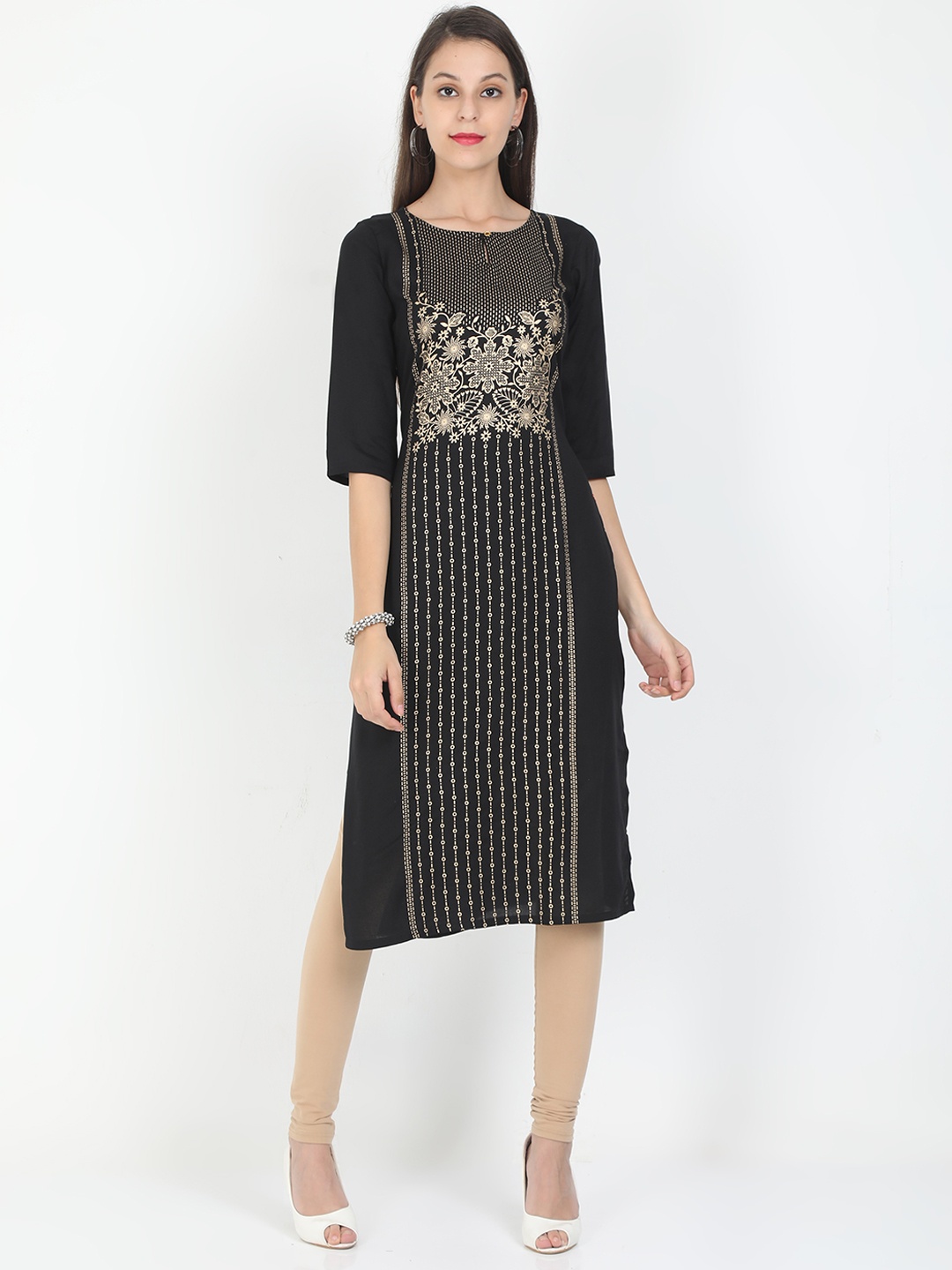 

Marcia Women Black & Gold-Toned Floral Keyhole Neck Thread Work Kurta