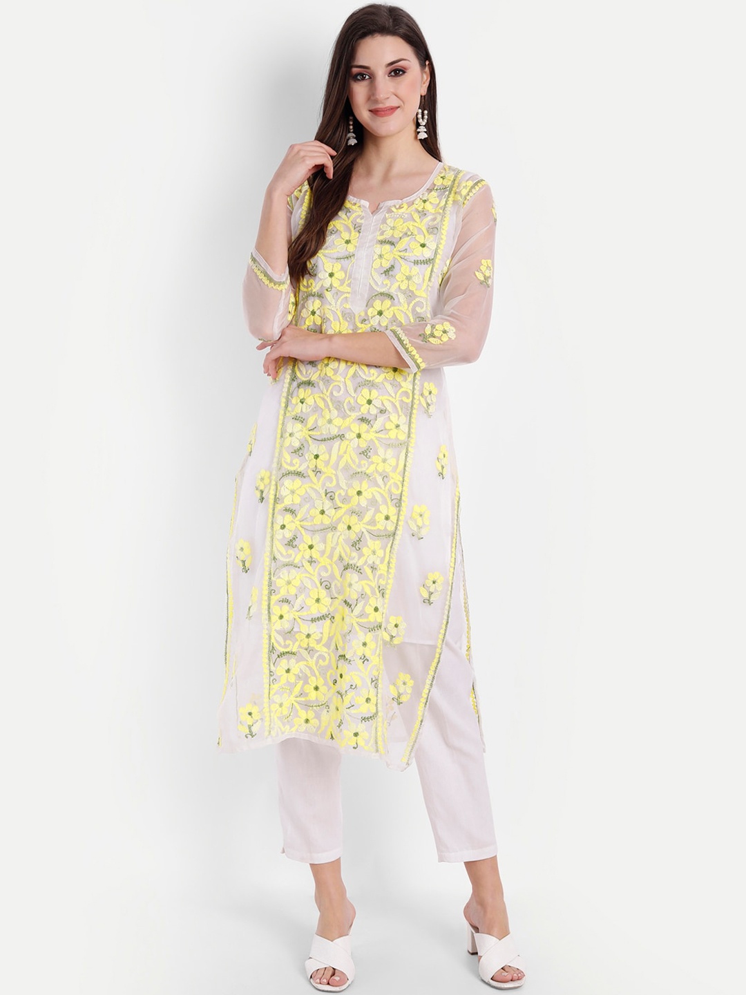 Indiankala4u Women Yellow & White Floral Embroidered Chikankari Kurta