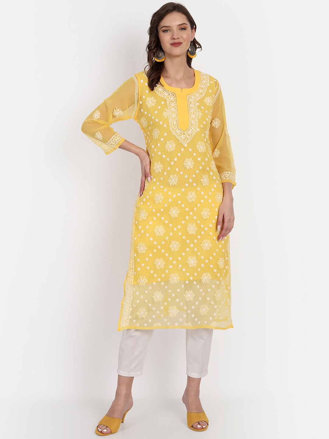 

Indiankala4u Women Yellow Floral Georgette Kurta