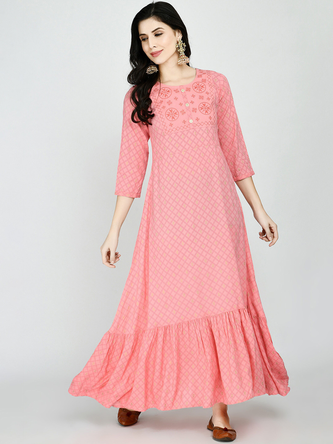 

KALINI Women Pink Ethnic Motifs Thread Work Long Kurta