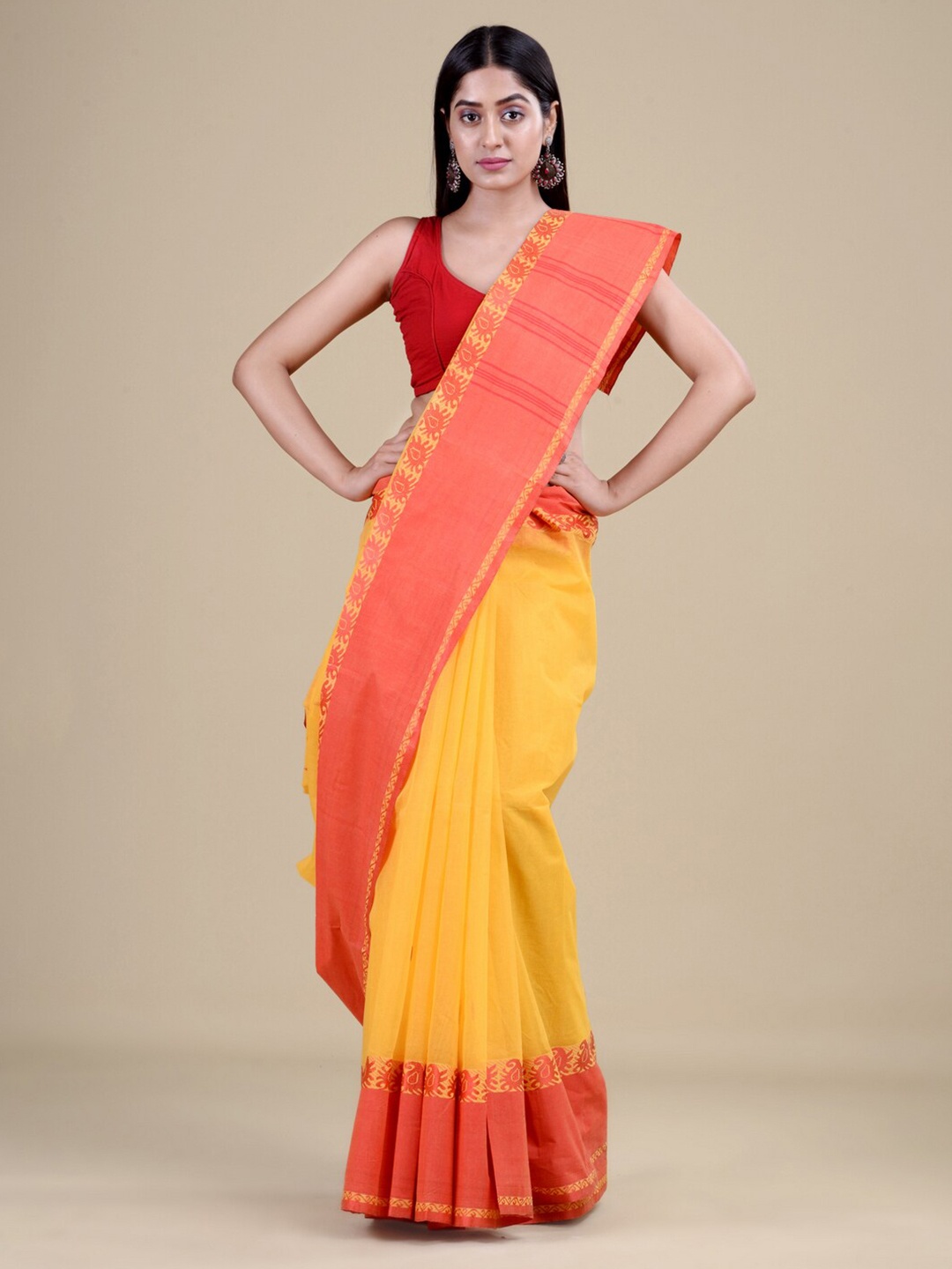 

Laa Calcutta Women Yellow & Orange Jute Silk Jamdani Saree