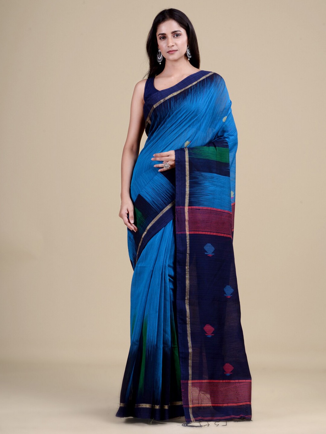 

Laa Calcutta Women Blue & Purple Woven Design Jute Silk Jamdani Saree