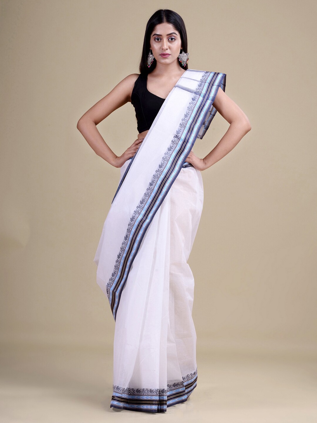 

Laa Calcutta Women Off White & Blue Woven Design Jute Silk Jamdani Saree