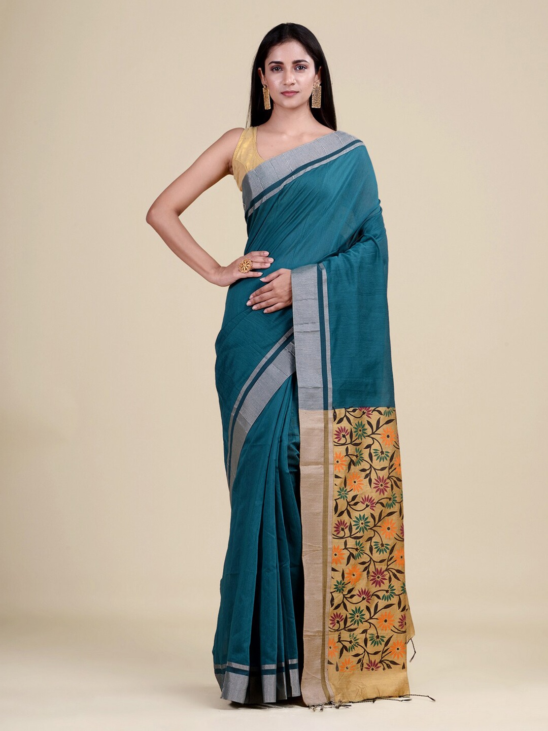 

Laa Calcutta Women Teal & Yellow Woven Design Zari Jute Silk Jamdani Saree