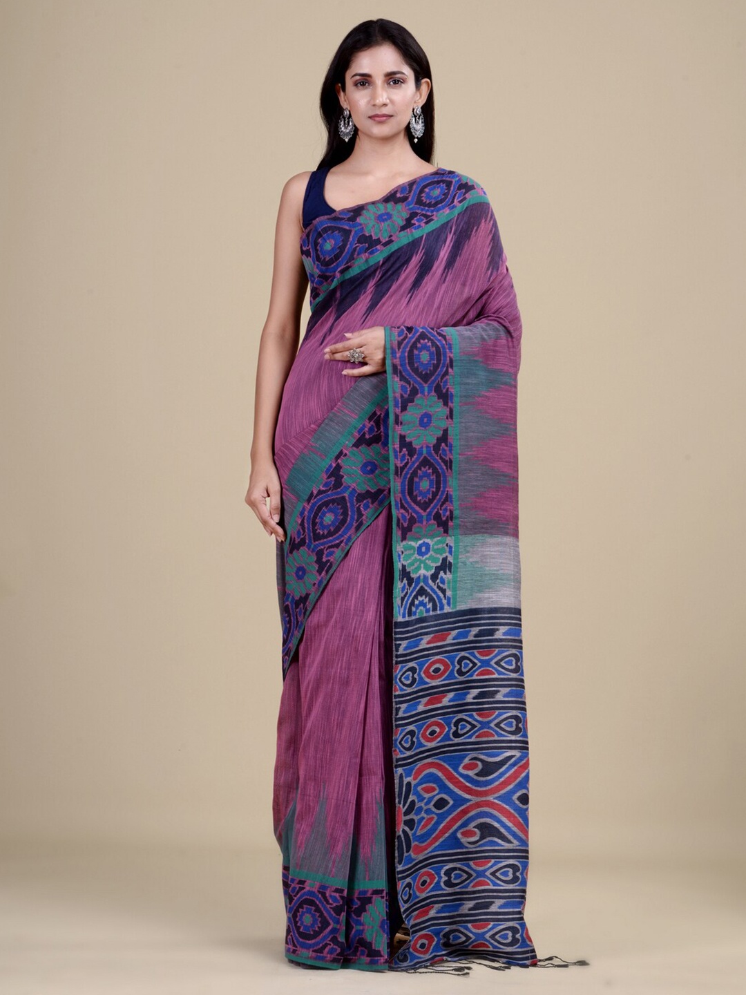 

Laa Calcutta Women Pink & Blue Woven Design Jute Silk Jamdani Saree