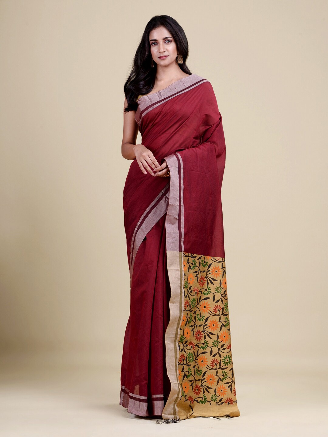 

Laa Calcutta Women Maroon & Beige Woven Design Zari Jute Silk Jamdani Saree