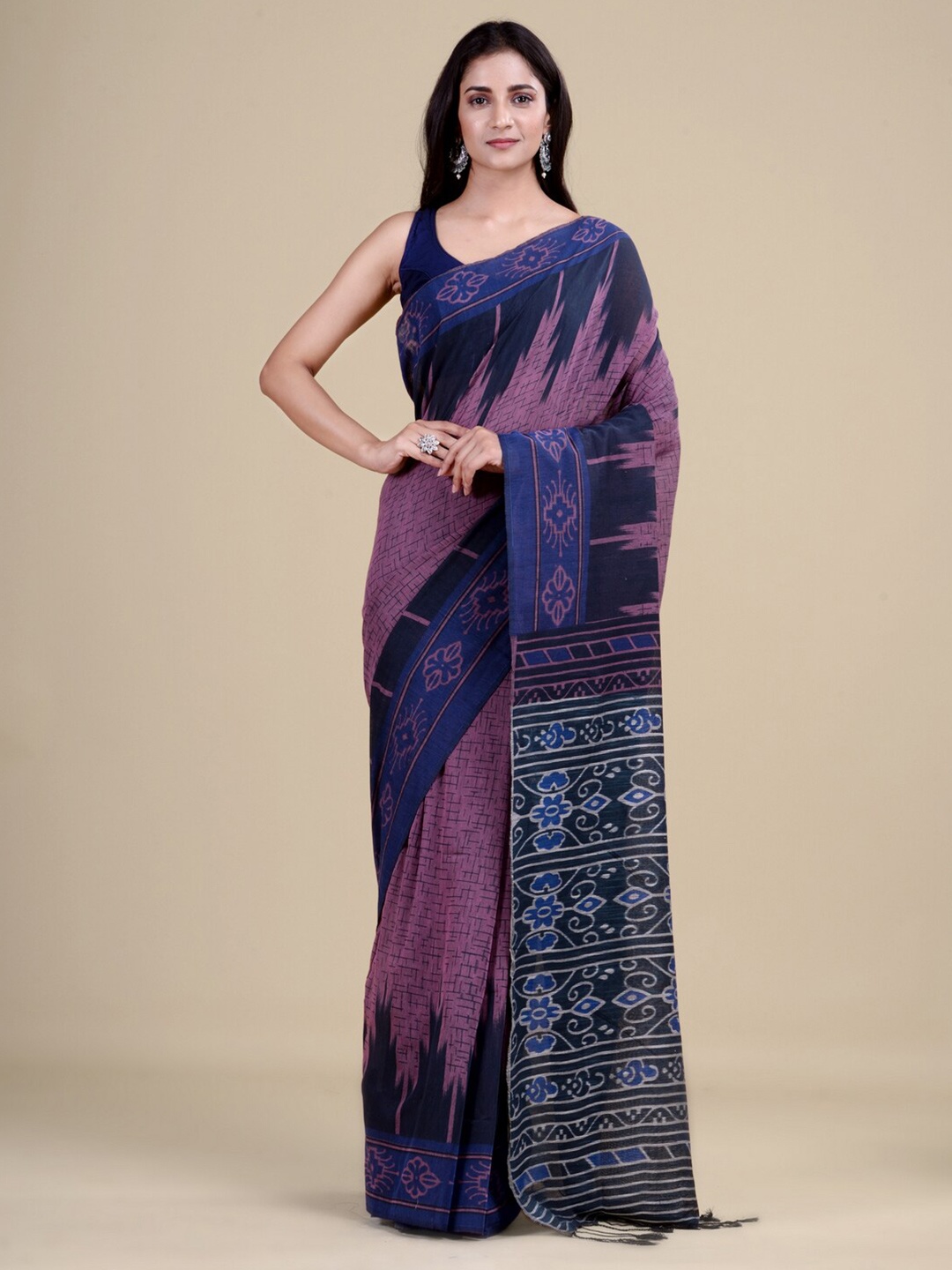 

Laa Calcutta Women Purple & Blue Woven Design Zari Jute Silk Jamdani Saree