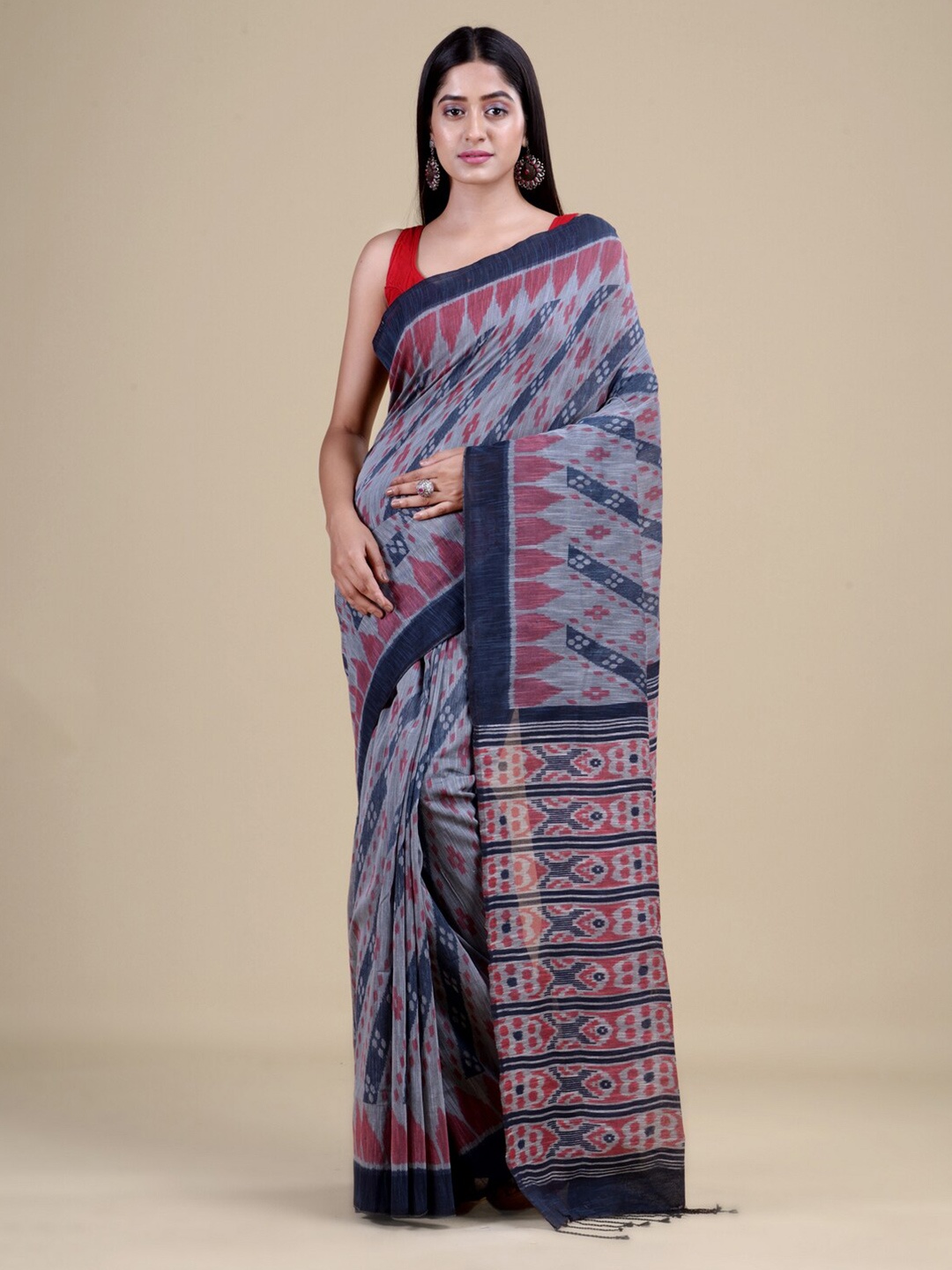 

Laa Calcutta Grey & Pink Woven Design Jute Silk Jamdani Saree