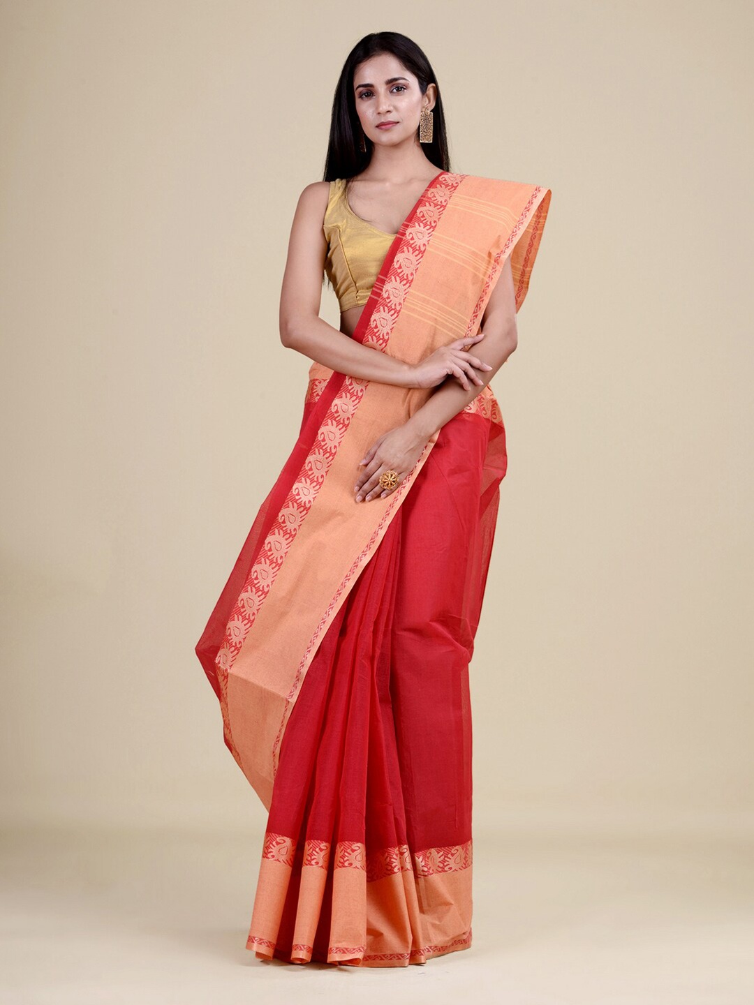 

Laa Calcutta Women Red & Orange Zari Jute Silk Jamdani Saree