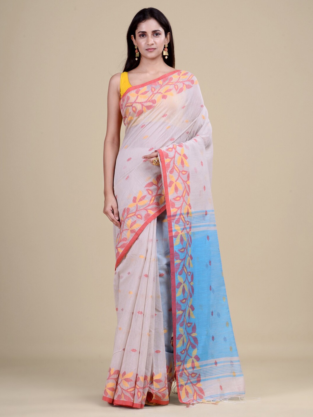 

Laa Calcutta Women Off White & Blue Woven Design Jute Silk Jamdani Saree