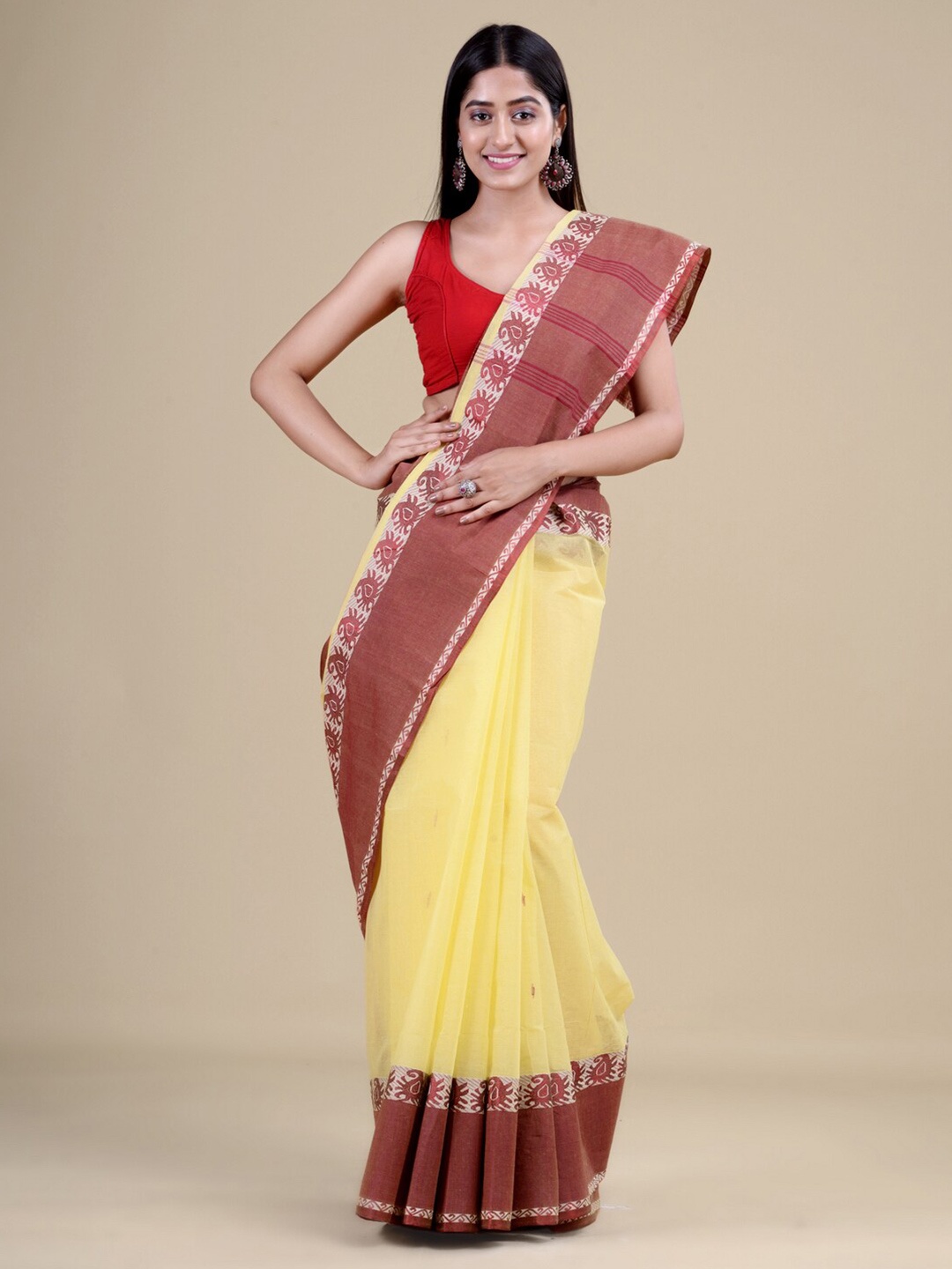 

Laa Calcutta Women Yellow & Red Woven Design Zari Jute Silk Jamdani Saree