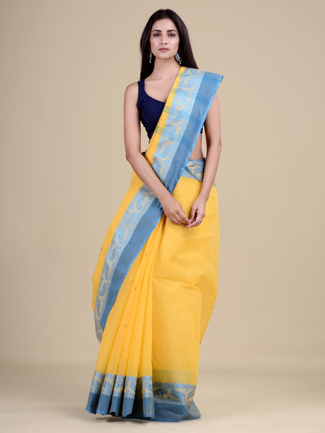 

Laa Calcutta Women Yellow & Blue Woven Design Jute Silk Jamdani Saree
