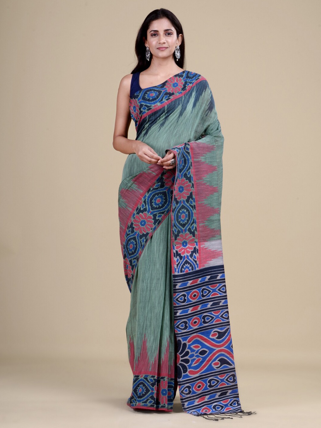 

Laa Calcutta Green & Blue Ethnic Motifs Jute Silk Jamdani Saree