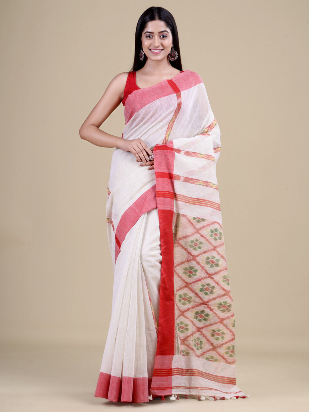 

Laa Calcutta White & Red Jute Silk Jamdani Saree