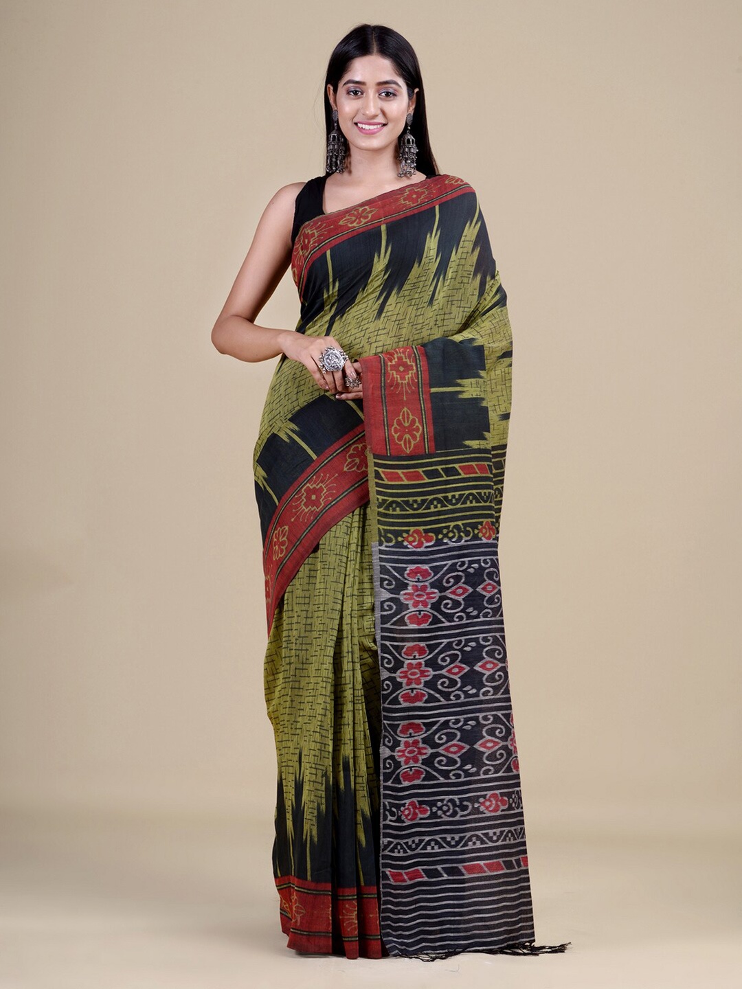 

Laa Calcutta Olive Green & Grey Ethnic Motifs Jute Silk Jamdani Saree