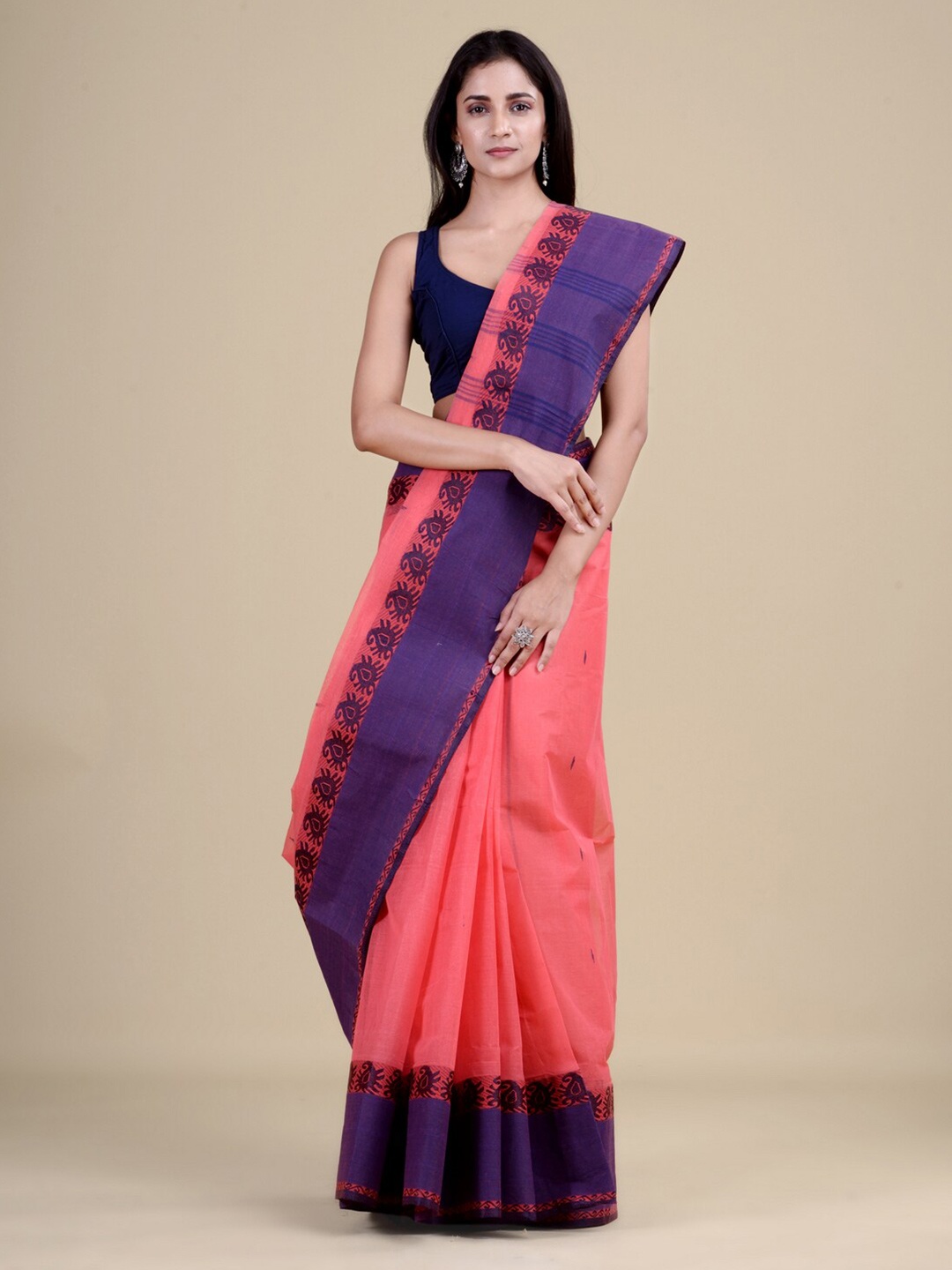 

Laa Calcutta Pink & Blue Woven Design Jute Silk Jamdani Saree