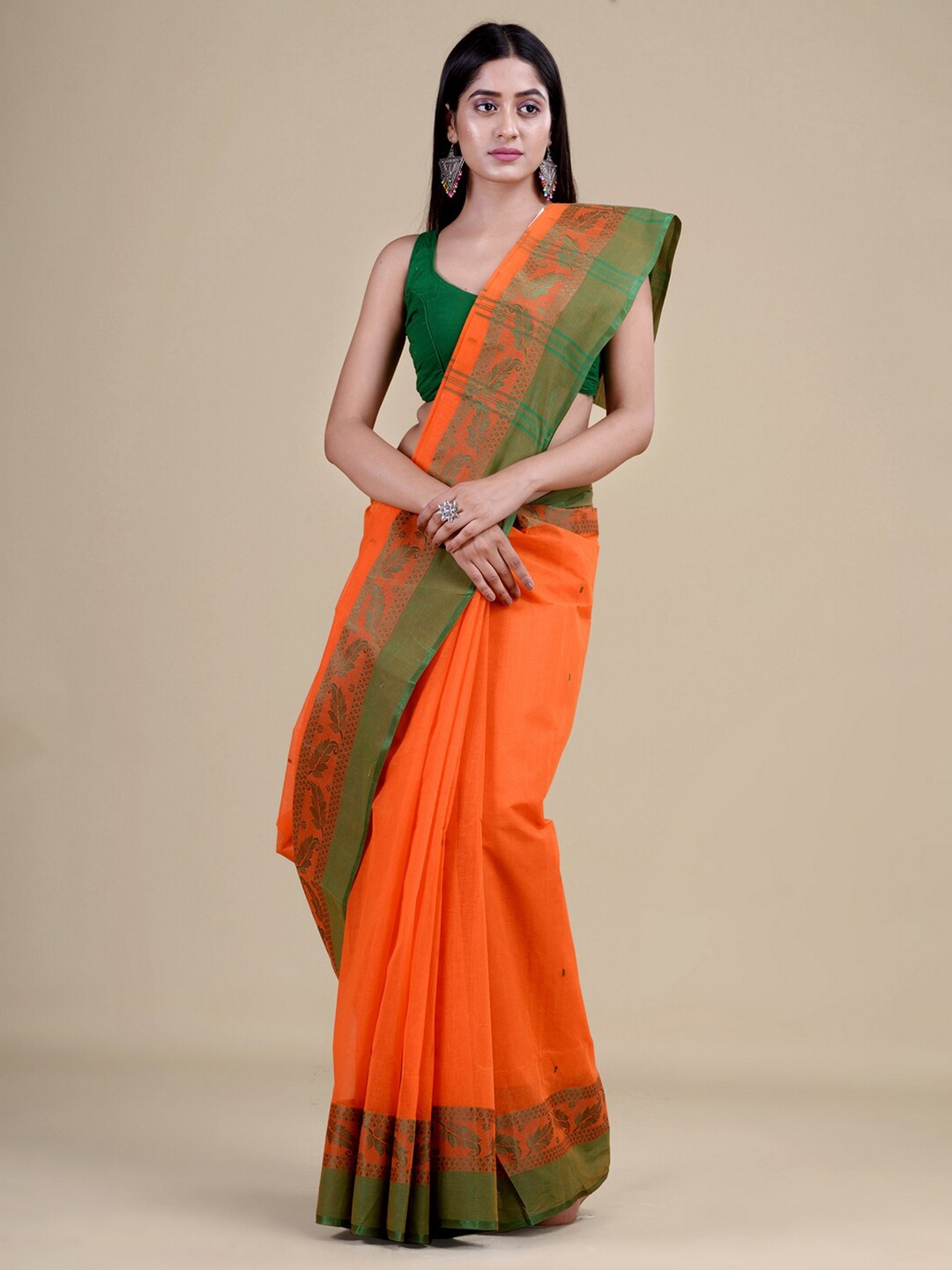 

Laa Calcutta Orange & Green Woven Design Zari Jute Silk Jamdani Saree