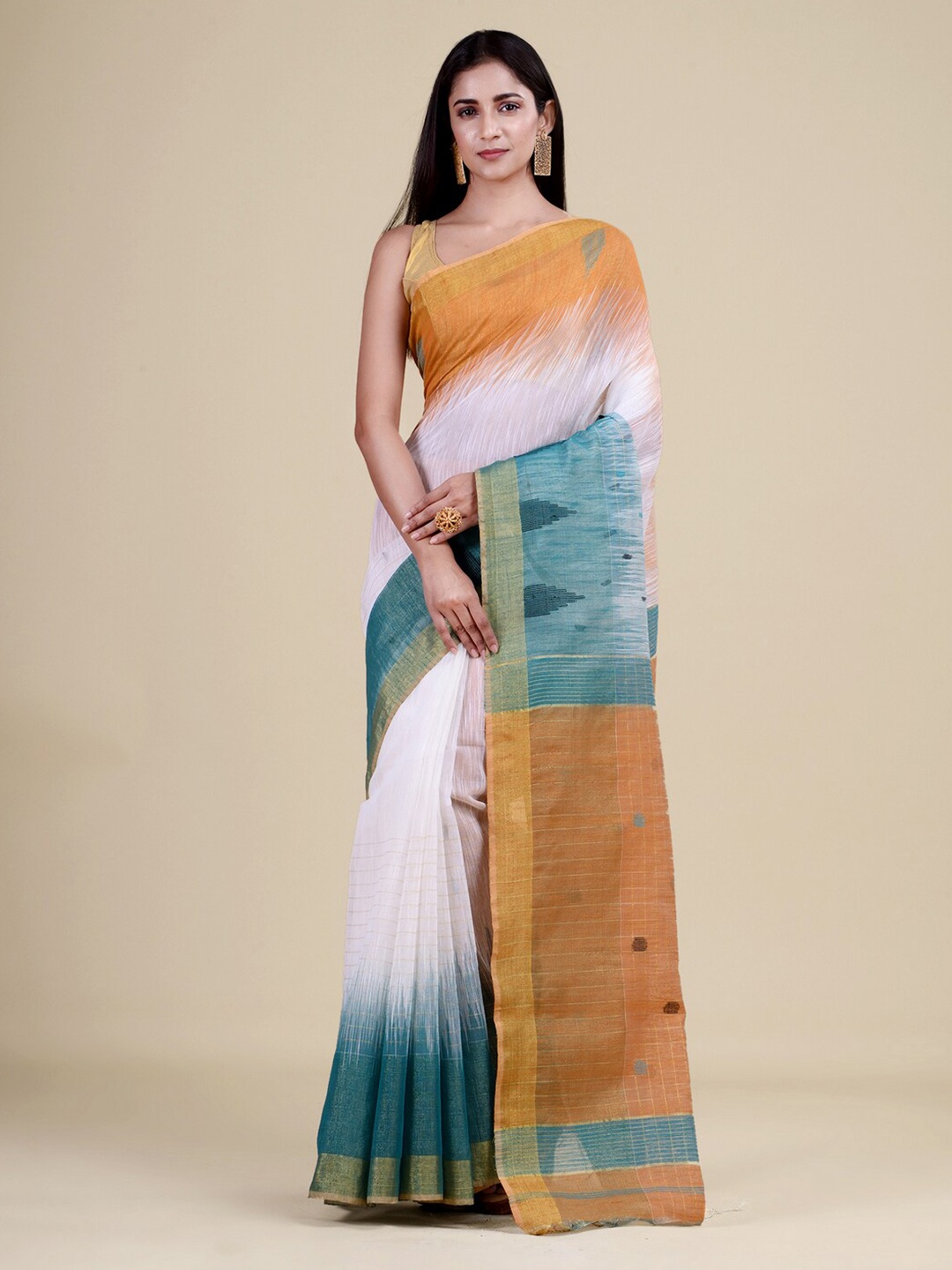 

Laa Calcutta White & Orange Woven Design Zari Jute Silk Jamdani Saree