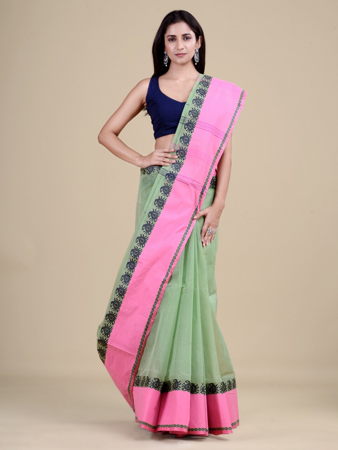 

Laa Calcutta Green & Pink Woven Design Jute Silk Jamdani Saree
