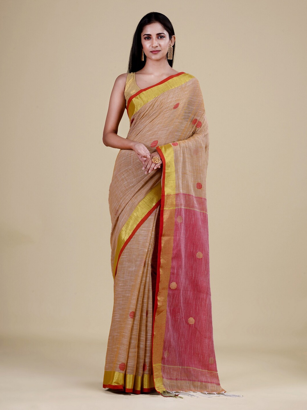 

Laa Calcutta Gold-Toned & Pink Woven Design Jute Silk Jamdani Saree