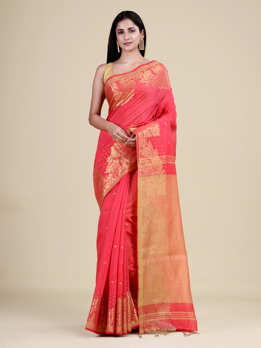 

Laa Calcutta Pink & Gold-Toned Woven Design Zari Jute Silk Jamdani Saree