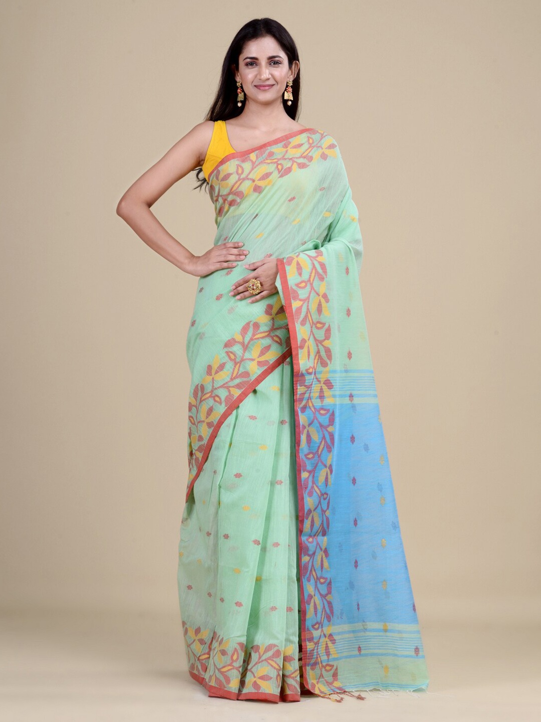 

Laa Calcutta Sea Green & Pink Woven Design Zari Jute Silk Jamdani Saree