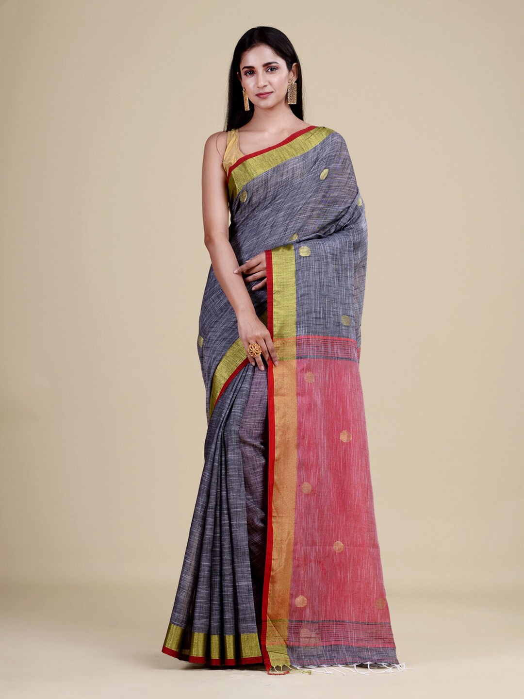

Laa Calcutta Grey & Pink Woven Design Jute Silk Jamdani Saree