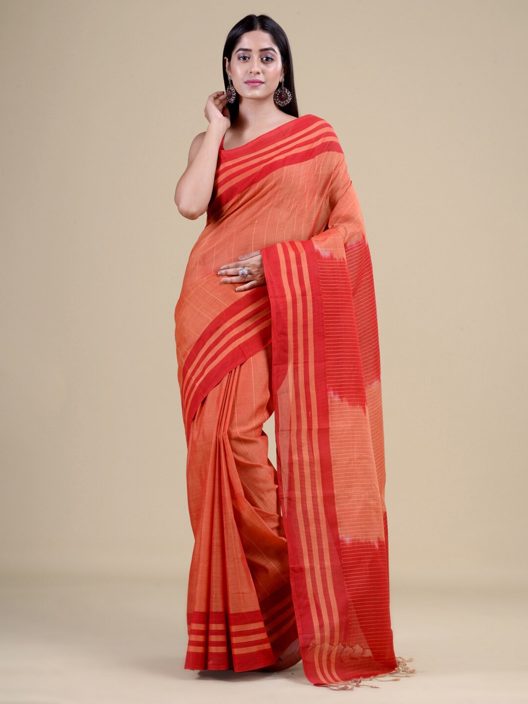 

Laa Calcutta Beige & Orange Woven Design Zari Jute Silk Jamdani Saree