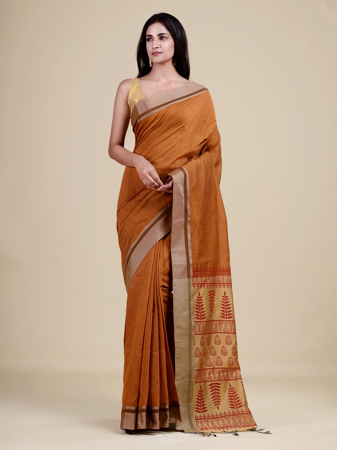 

Laa Calcutta Yellow & Gold-Toned Ethnic Motifs Jute Silk Jamdani Saree