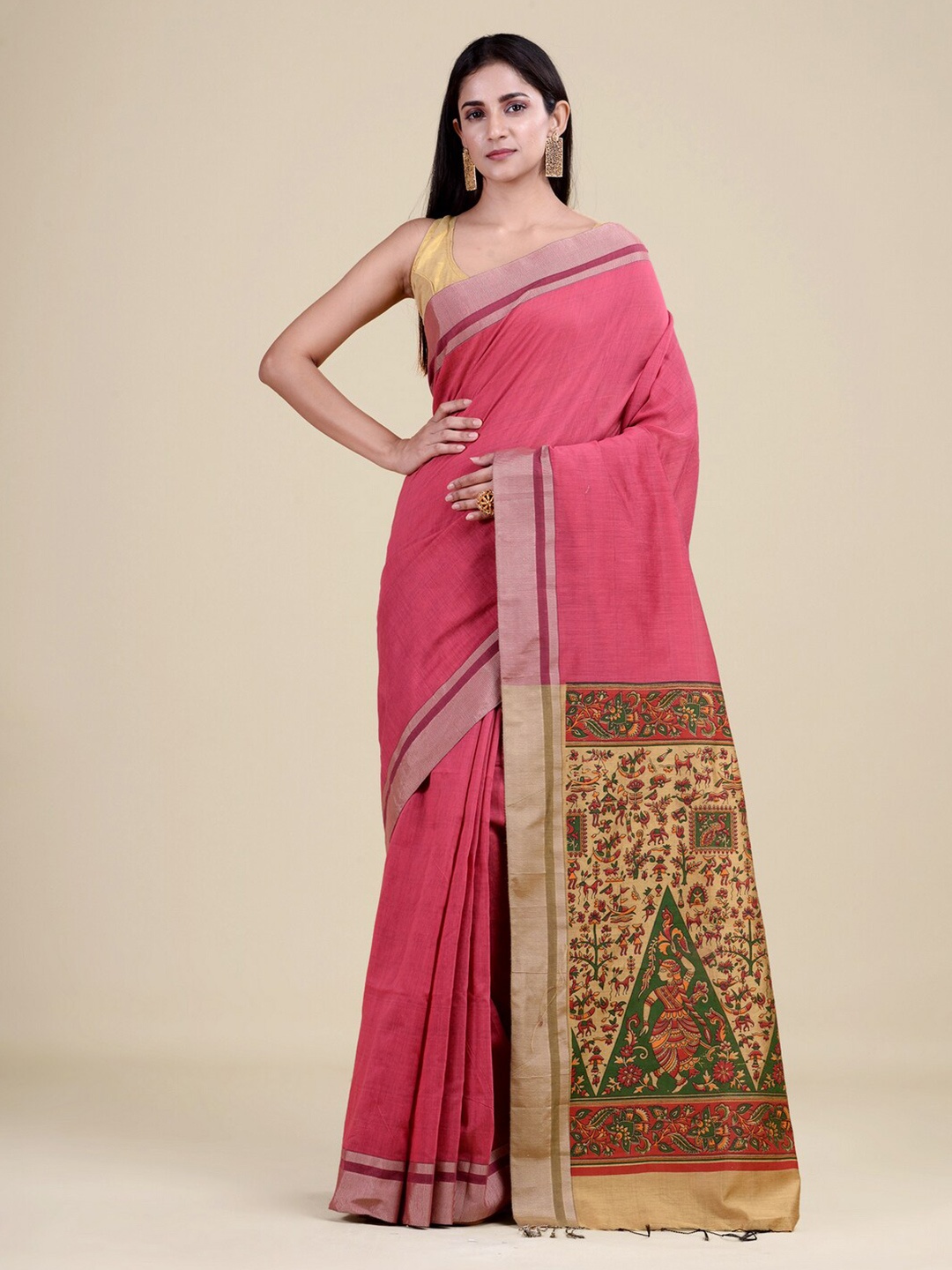 

Laa Calcutta Pink & Green Zari Jute Silk Jamdani Saree