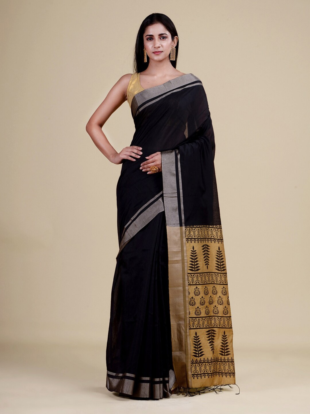 

Laa Calcutta Black & Gold-Toned Woven Design Zari Jute Silk Jamdani Saree