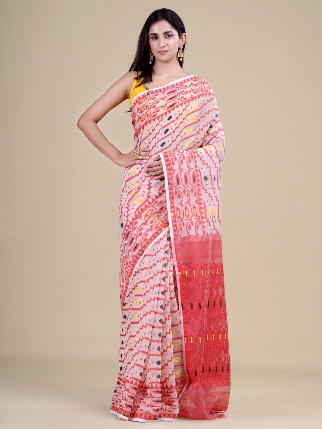 

Laa Calcutta Red & White Woven Design Jute Silk Jamdani Saree