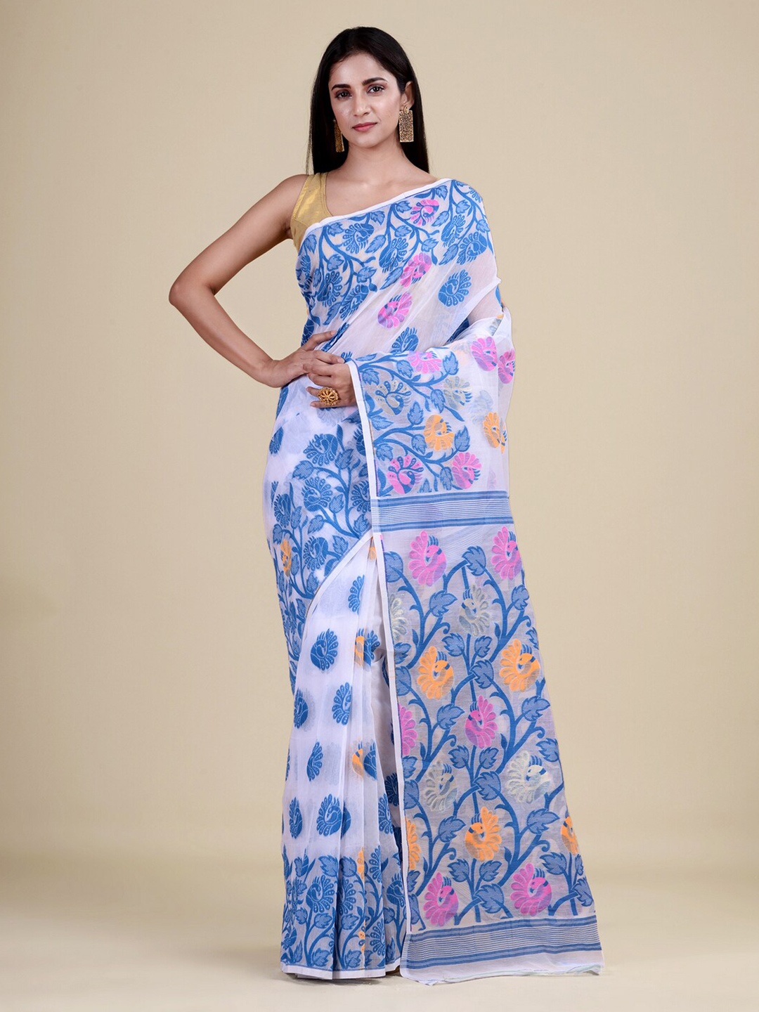 

Laa Calcutta White & Blue Woven Design Jute Silk Jamdani Saree