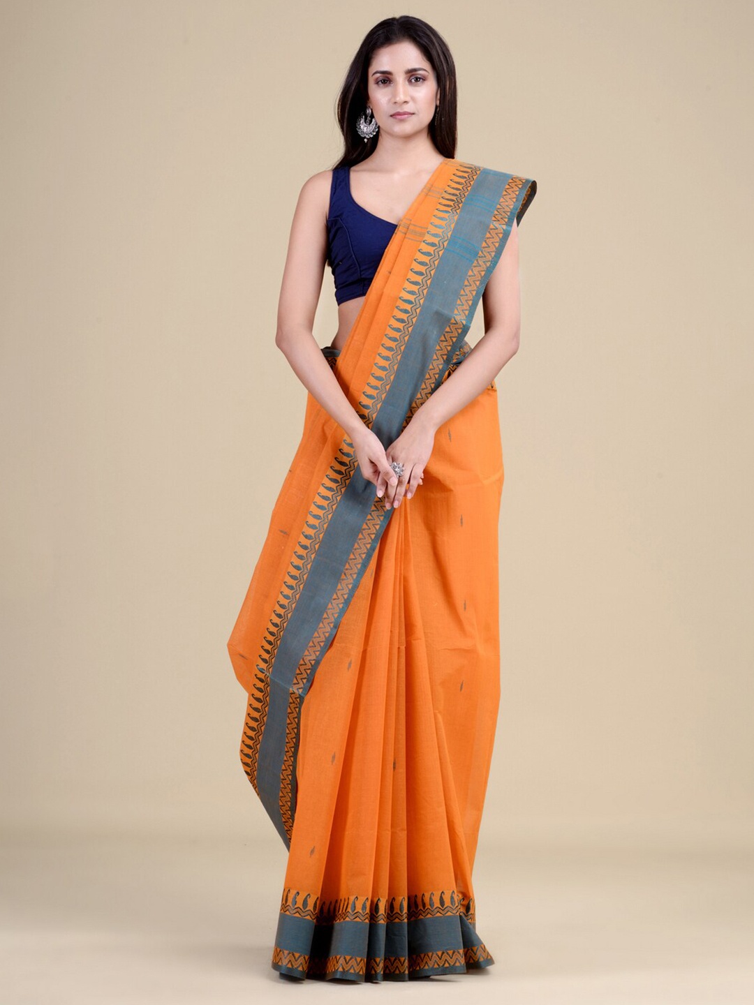 

Laa Calcutta Orange & Blue Woven Design Jute Silk Jamdani Saree