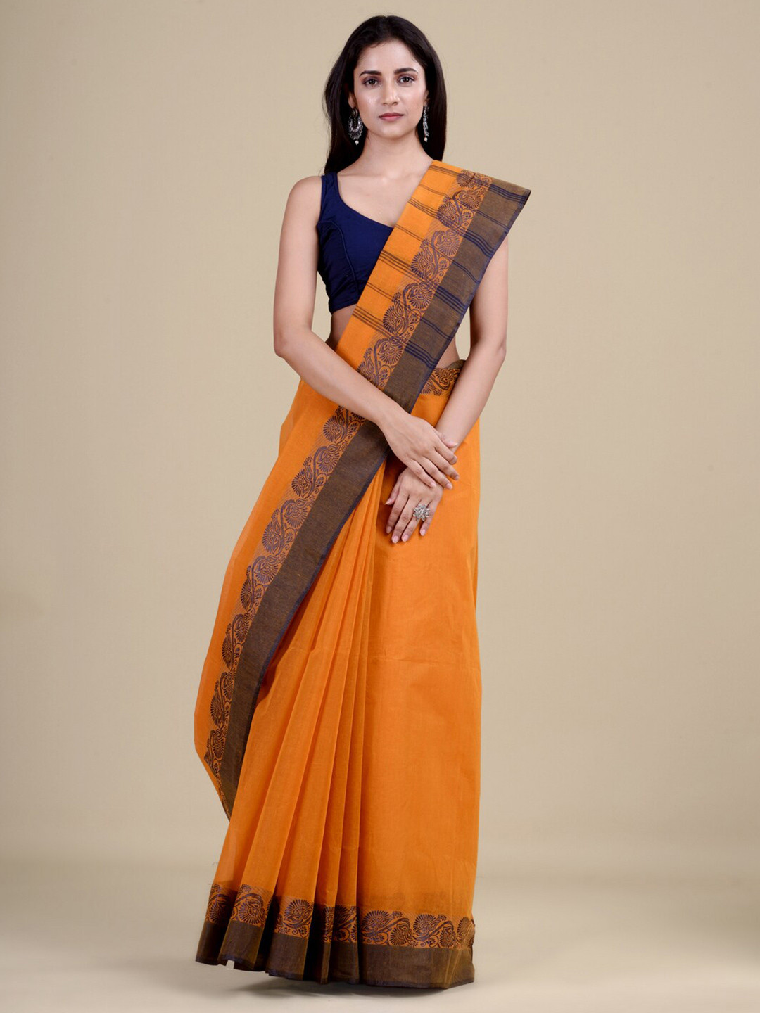 

Laa Calcutta Yellow & Navy Blue Woven Design Jute Silk Jamdani Saree