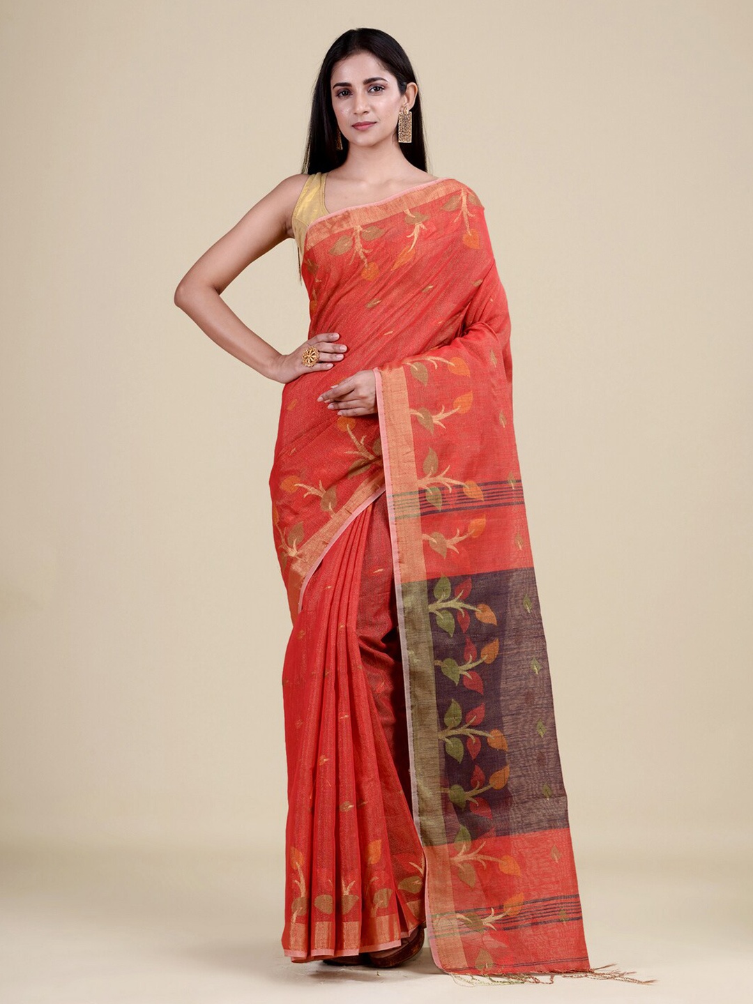 

Laa Calcutta Women Red & Brown Woven Design Zari Jute Silk Jamdani Saree