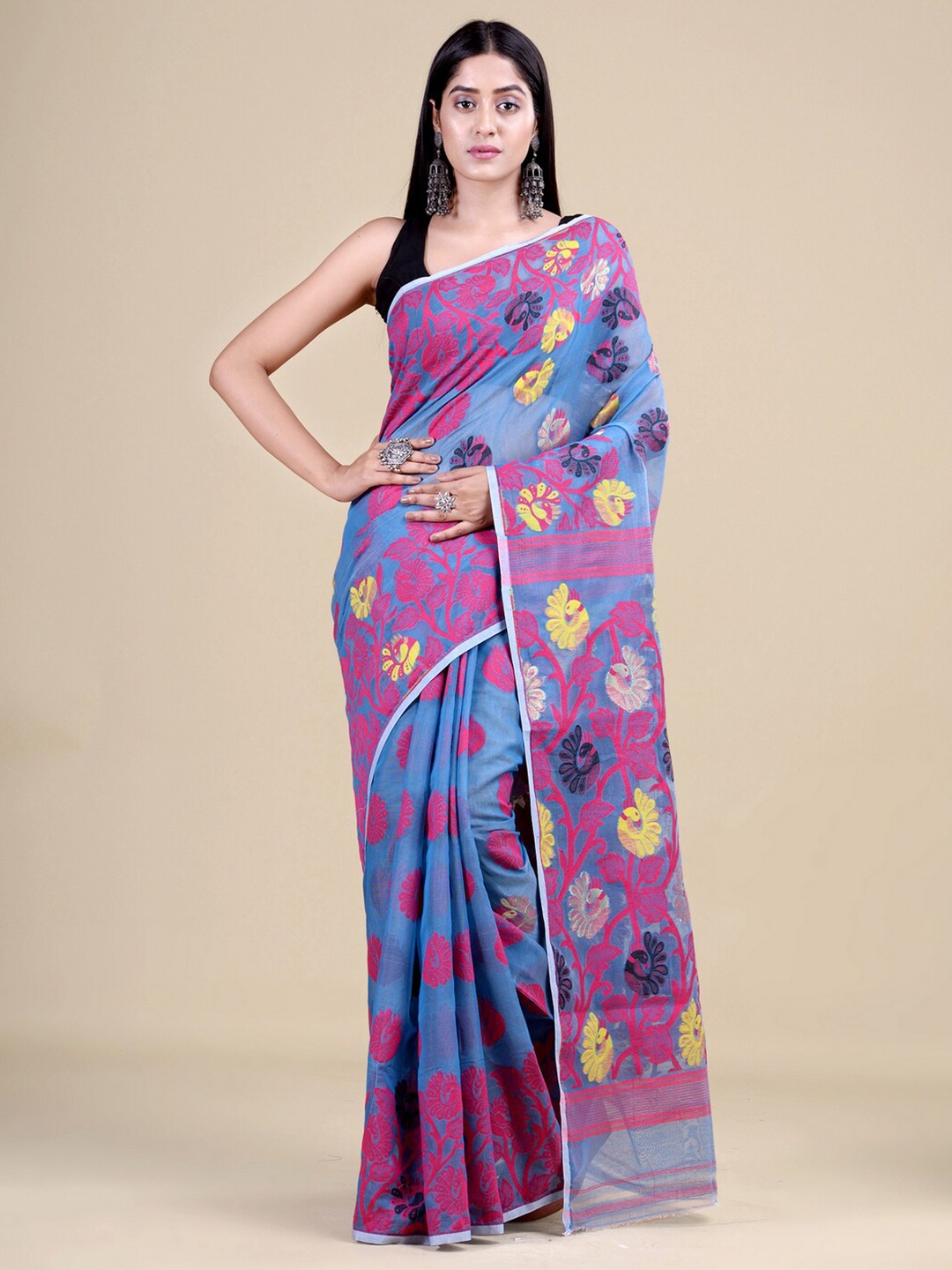 

Laa Calcutta Blue & Pink Woven Design Jute Silk Jamdani Saree