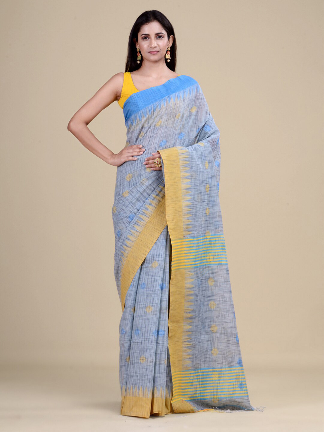 

Laa Calcutta Grey & Yellow Woven Design Jute Silk Jamdani Saree