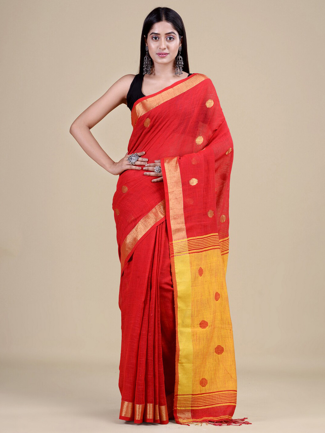 

Laa Calcutta Red & Yellow Woven Design Jute Silk Jamdani Saree