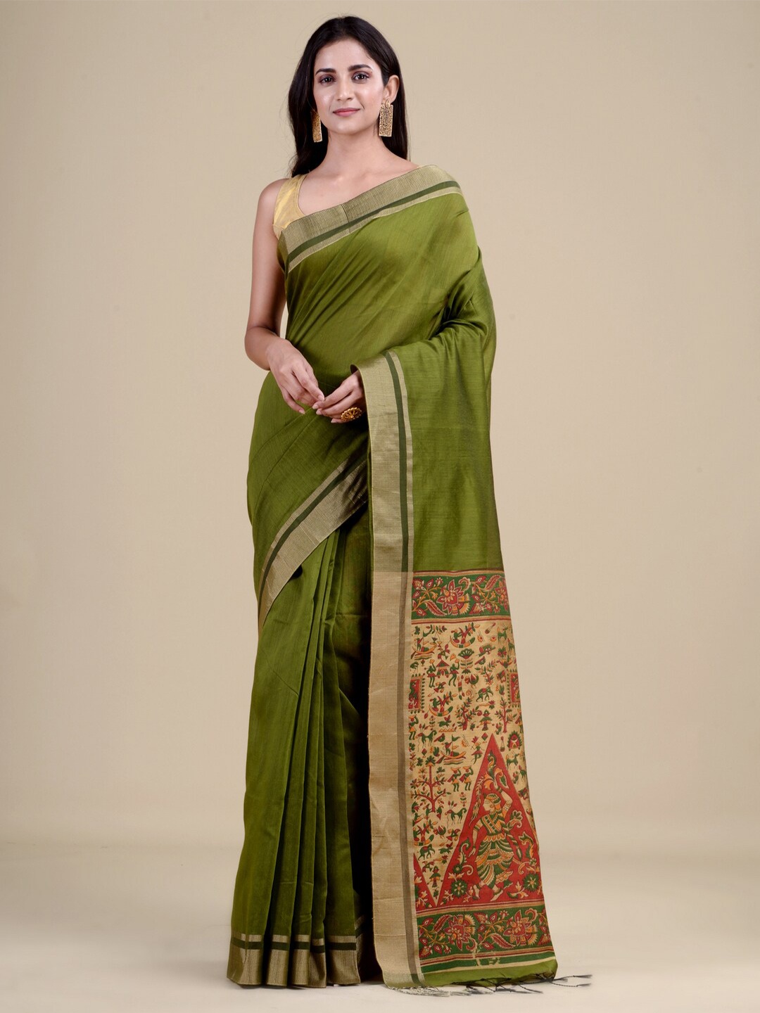 

Laa Calcutta Green & Gold-Toned Woven Design Jute Silk Jamdani Saree