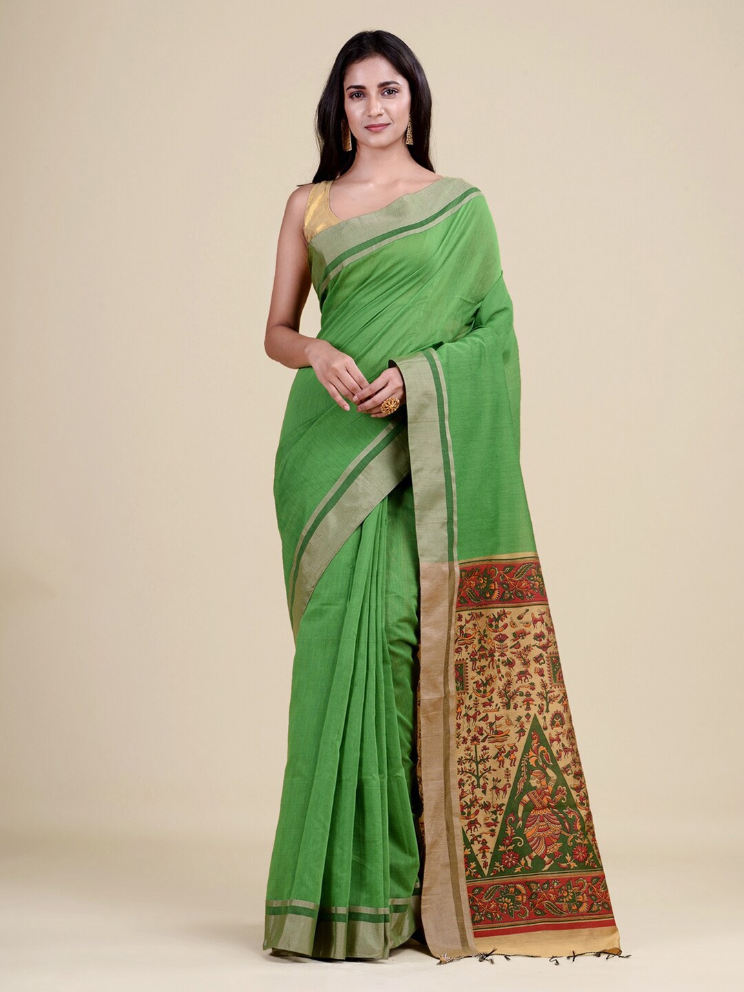 

Laa Calcutta Green & Gold-Toned Woven Design Zari Jute Silk Jamdani Saree