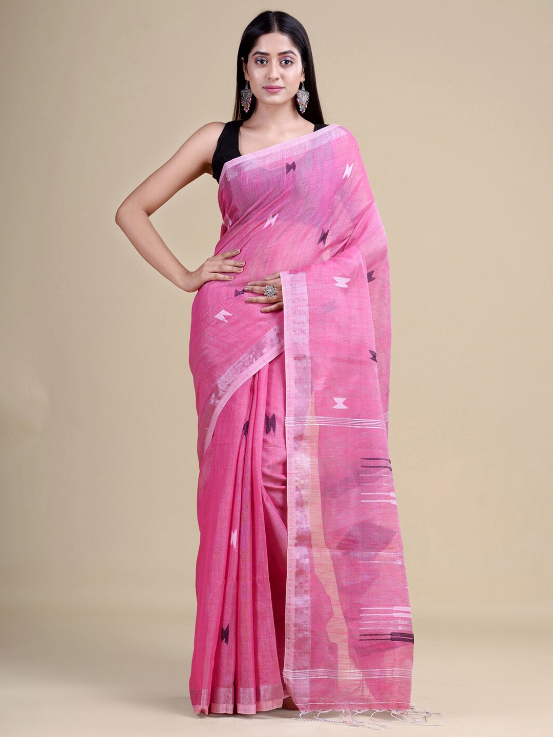 

Laa Calcutta Pink & White Woven Design Jute Silk Jamdani Saree