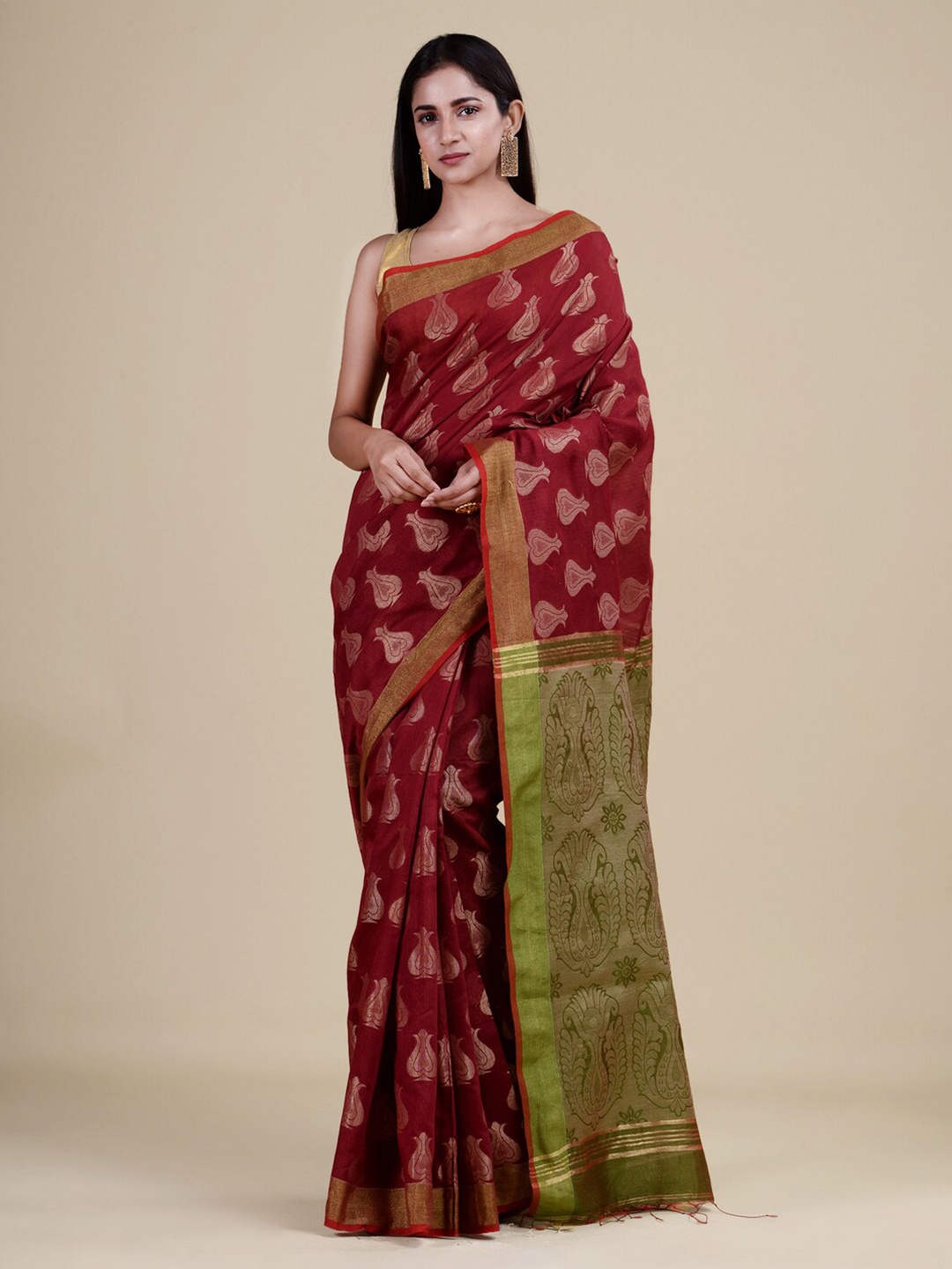 

Laa Calcutta Maroon & Green Woven Design Jute Silk Jamdani Saree