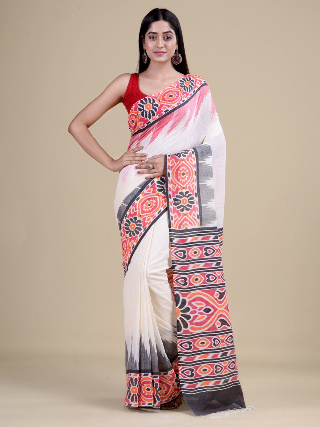 

Laa Calcutta White & Black Ethnic Motifs Jute Silk Jamdani Saree