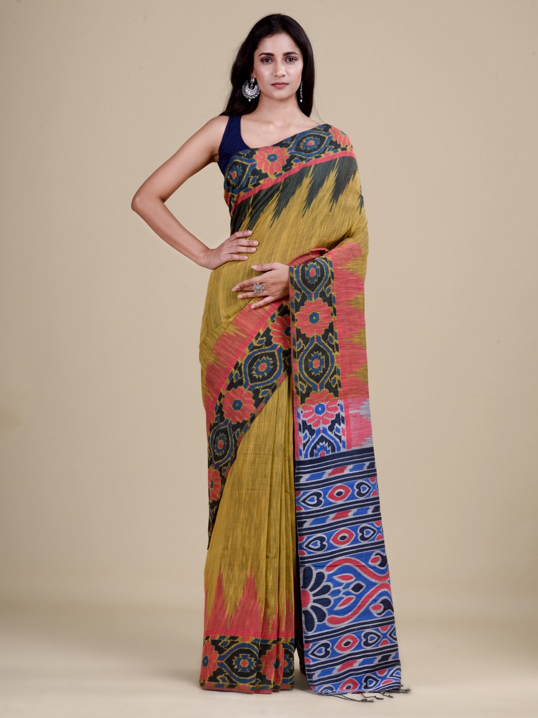 

Laa Calcutta Olive Green & Navy Blue Ethnic Motifs Jute Silk Jamdani Saree
