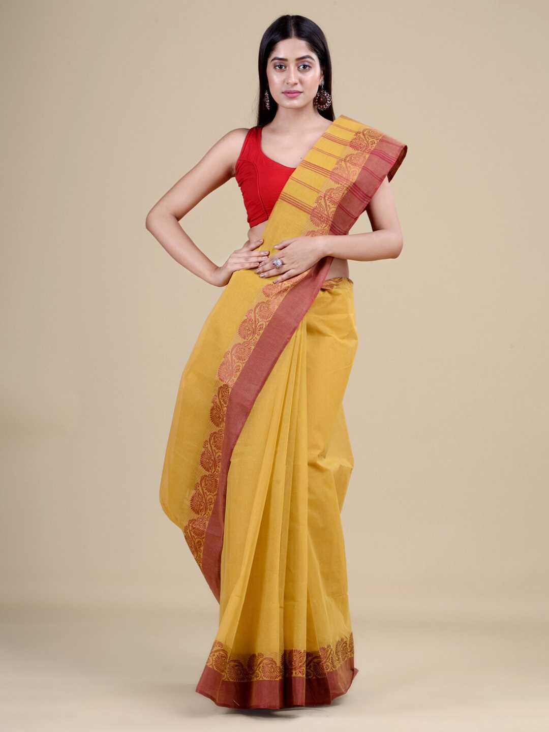 

Laa Calcutta Yellow & Red Woven Design Jute Silk Jamdani Saree