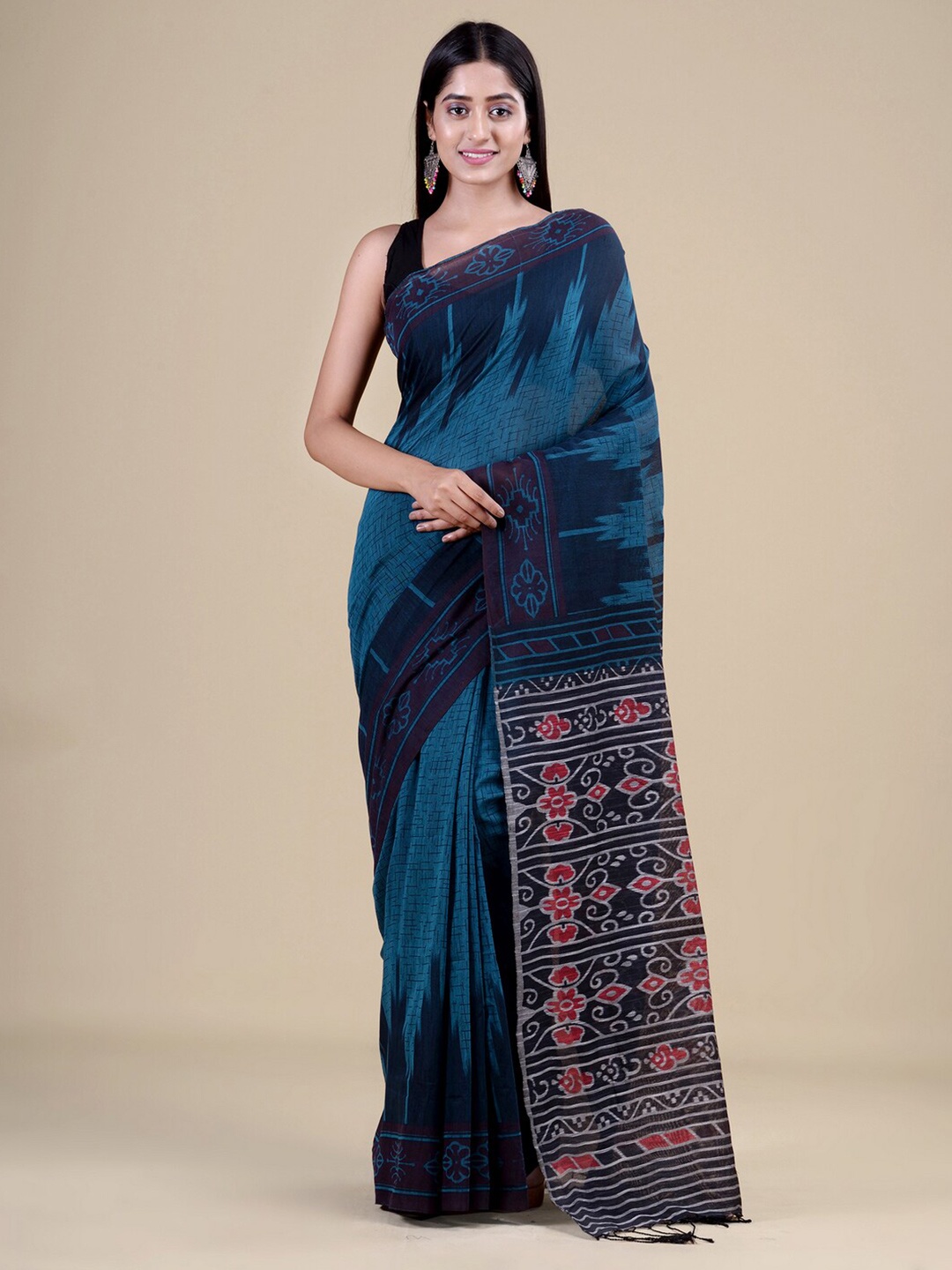 

Laa Calcutta Green & Blue Floral Jute Silk Jamdani Saree